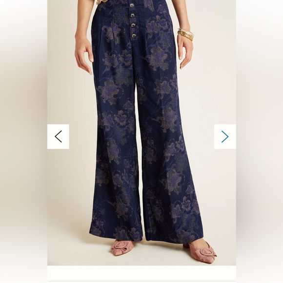 Anthropologie Pants - Anthropologie Pilcro High Rise Wide Leg Floral Pants Lurex Metallic Blue Sz 31